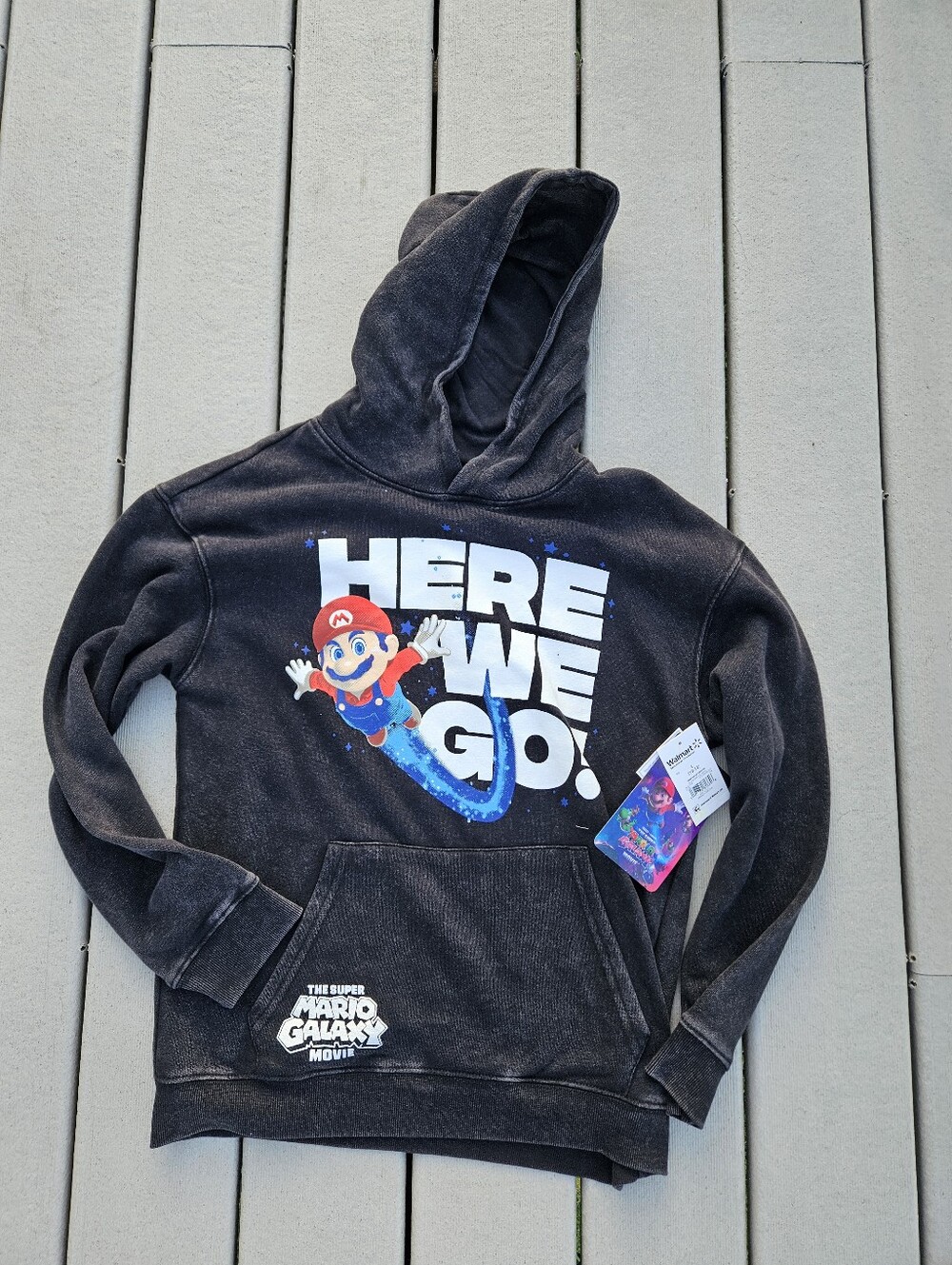 NWT Super Mario Galaxy Movie Boys Hoodie L 10-12 Black Mineral Wash Nintendo
